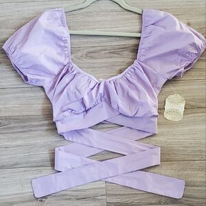 Alter'd State Puff Sleeve Poplin Cropped Top, Wrap Tie, Lavender, Large, NWT